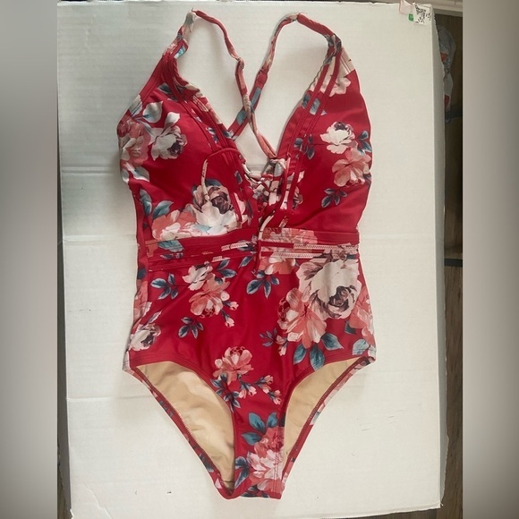 Kona Sol women's S red floral lace up criss cross back one piece swimsuit GUC - Picture 3 of 6